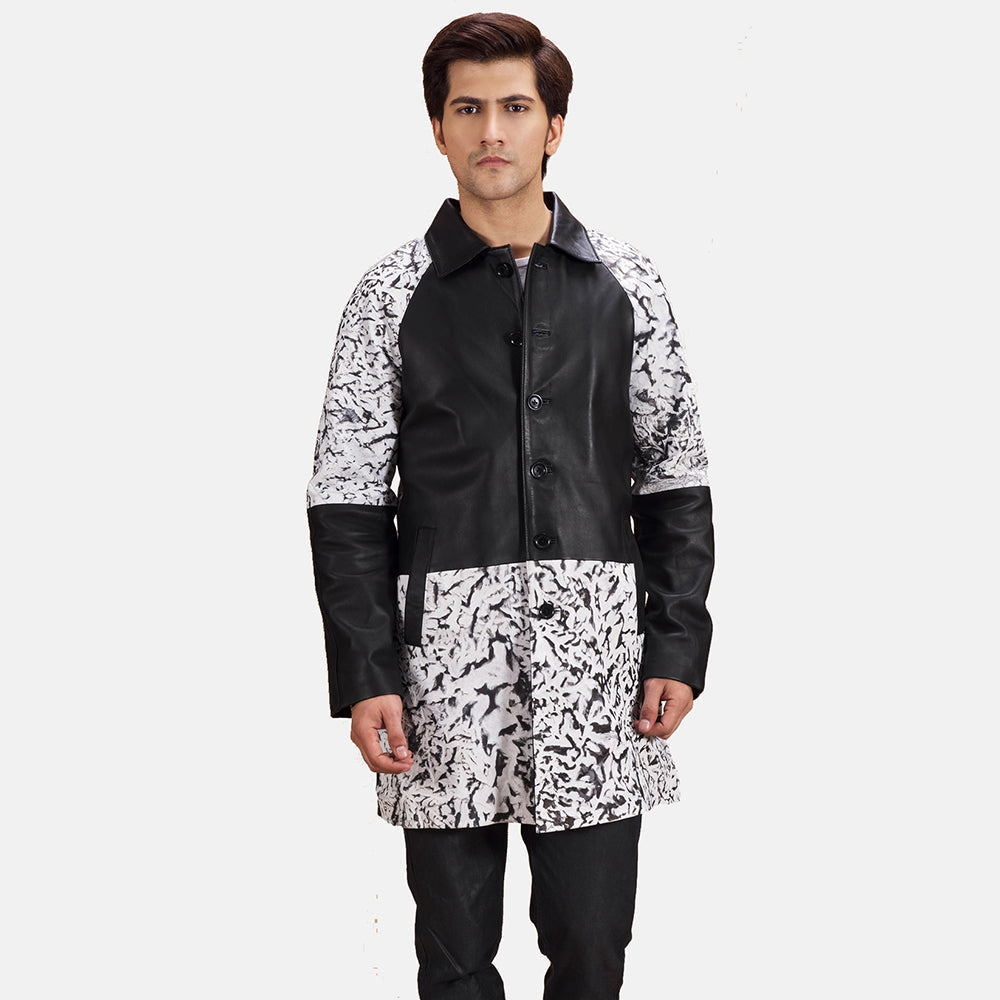 Men's Artistry 블랙 Dye 가죽 롱 코트 남성용 in Black &amp; White Sheepskin Dip &amp;Amp; Dye - Front Profile View &amp; Tailored Silhouette | Buy Online