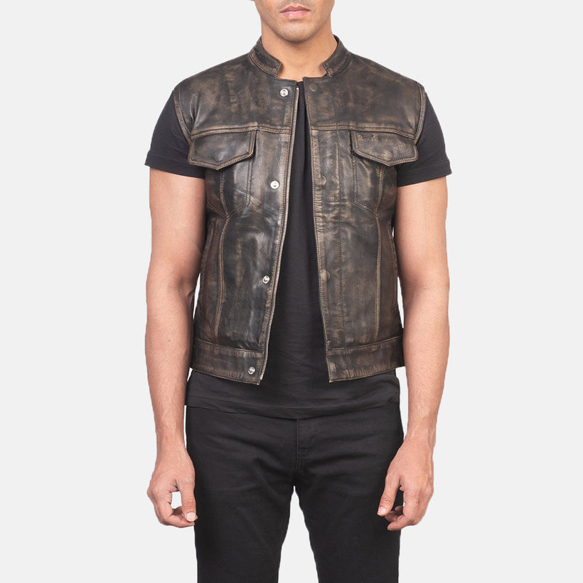 Atlas Moto Distressed 브라운 가죽 베스트 남성용