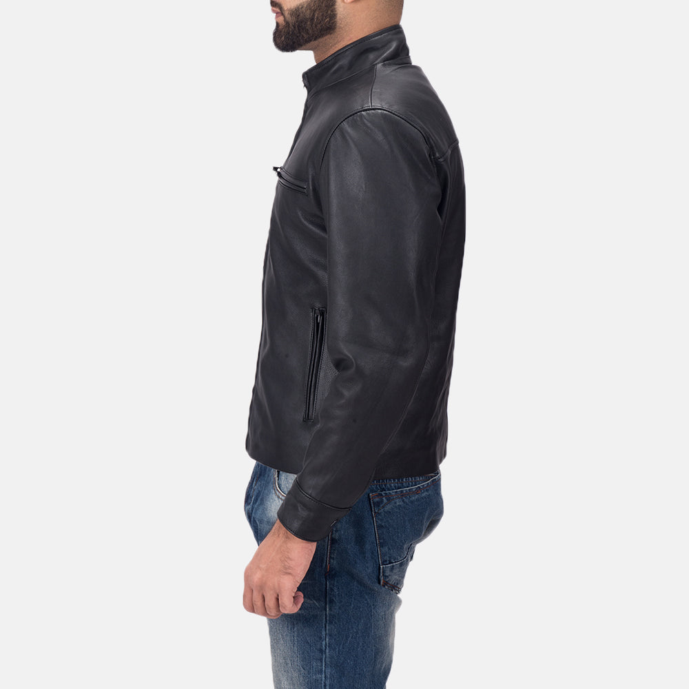 Austere Matte 블랙 가죽 라이더 자켓 남성용 - Lateral Side Profile View Showing Sleeve Cut &amp; Athletic Taper Fit