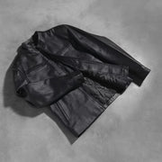 Styled Fit Perspective of Austere Matte 블랙 가죽 라이더 자켓 남성용 on Model - Natural Daylight Drape