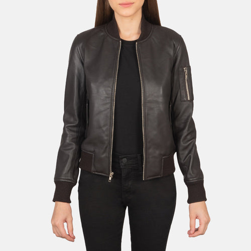 Women's Ava Ma-1 Brown Leather Bomber Jacket in Brown Sheepskin Leather - Front Profile View & Tailored Silhouette | Buy Online