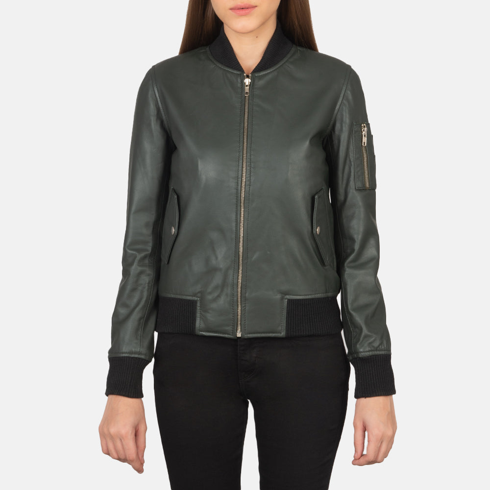 
클로즈업 상세 of Rib Knit & Zipper Hardware on Ava Ma-1 Green Leather Bomber Jacket