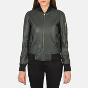 
클로즈업 상세 of Rib Knit & Zipper Hardware on Ava Ma-1 Green Leather Bomber Jacket