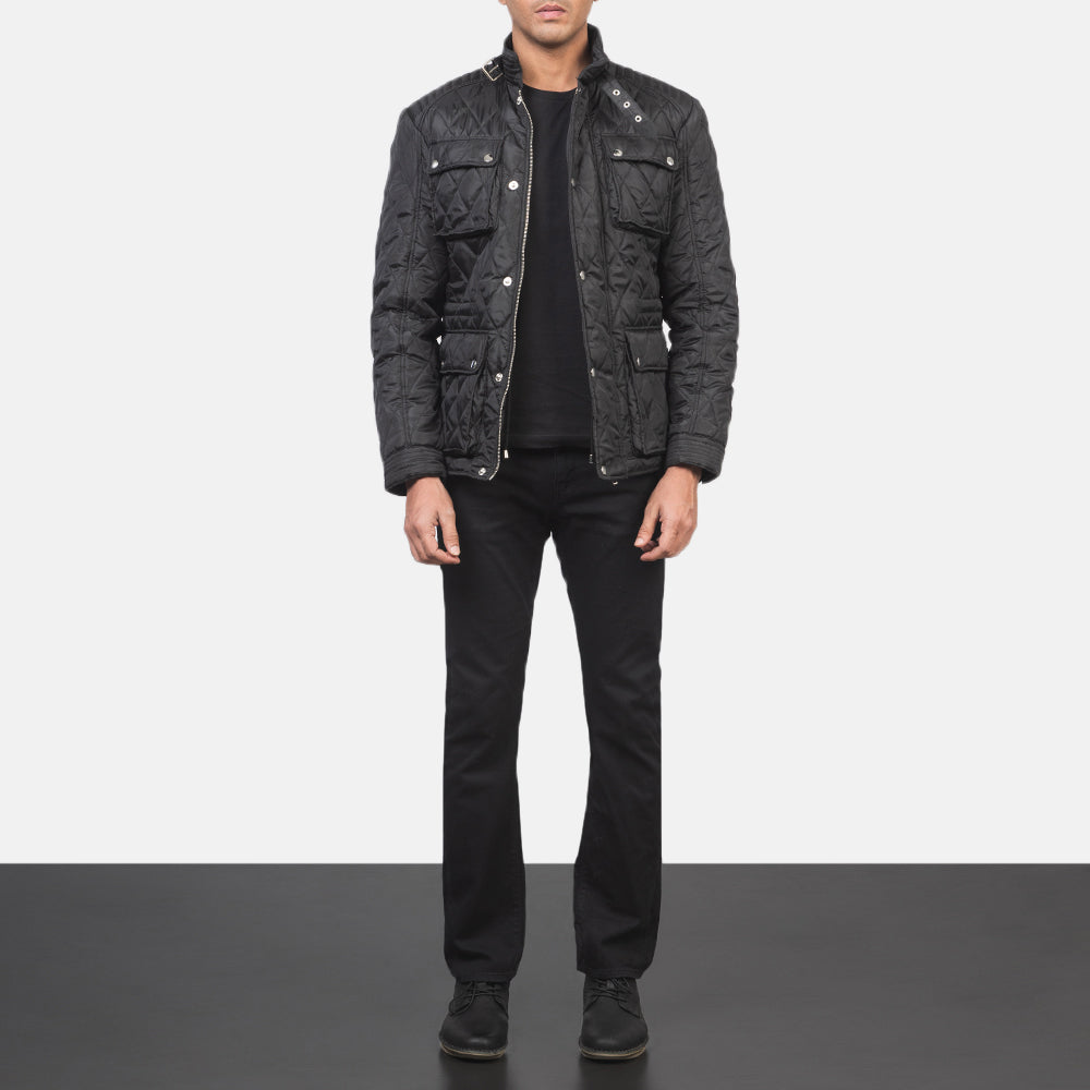 Men's Barry Quilted 블랙 Windbreaker 가죽 자켓 남성용 - Lateral Side Profile View Showing Sleeve Cut &amp; Athletic Taper Fit