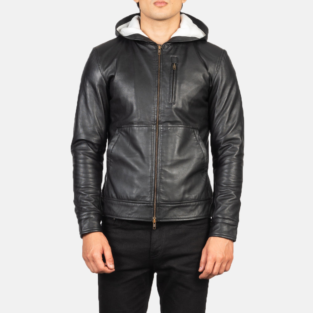 
클로즈업 상세 of Hooded & Zipper Hardware on Baston Black Hooded Leather Bomber Jacket
