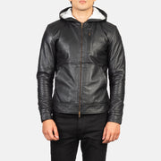 
클로즈업 상세 of Hooded & Zipper Hardware on Baston Black Hooded Leather Bomber Jacket