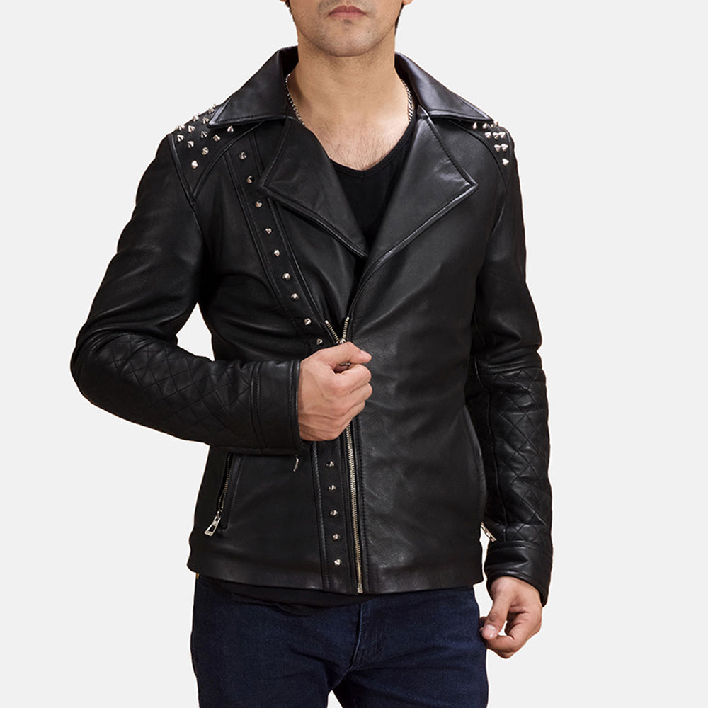 Men's 블랙 Studded 가죽 라이더 자켓 남성용 in Black Sheepskin Leather - Front Profile View &amp; Tailored Silhouette | Buy Online