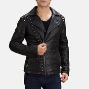 Men's 블랙 Studded 가죽 라이더 자켓 남성용 in Black Sheepskin Leather - Front Profile View &amp; Tailored Silhouette | Buy Online