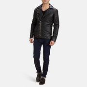 Men's 블랙 Studded 가죽 라이더 자켓 남성용 - Lateral Side Profile View Showing Sleeve Cut &amp; Athletic Taper Fit