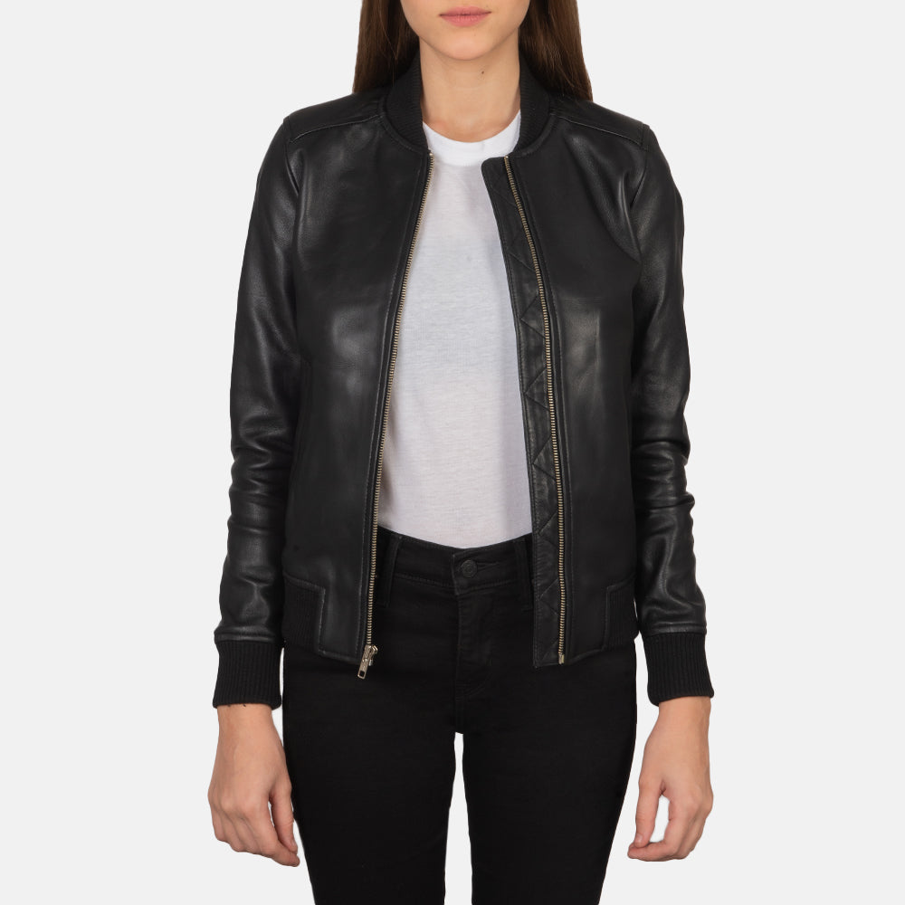 Women's Bliss 블랙 가죽 봄버 자켓 여성용 in Black Sheepskin Leather - Front Profile View &amp; Tailored Silhouette | Buy Online