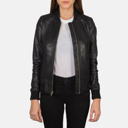 Women's Bliss 블랙 가죽 봄버 자켓 여성용 in Black Sheepskin Leather - Front Profile View &amp; Tailored Silhouette | Buy Online