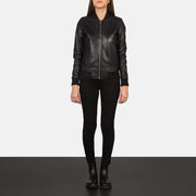 Women's Bliss 블랙 가죽 봄버 자켓 여성용 - Lateral Side Profile View Showing Sleeve Cut &amp; Athletic Taper Fit