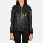 Close-Up Detail of Varsity - Rib Knit &amp; Zipper with Wind Flap Hardware on Women's Bliss 블랙 가죽 봄버 자켓 여성용