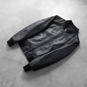 Rib Knit &amp; Hem Craftsmanship Construction Detail on Women's Bliss 블랙 가죽 봄버 자켓 여성용