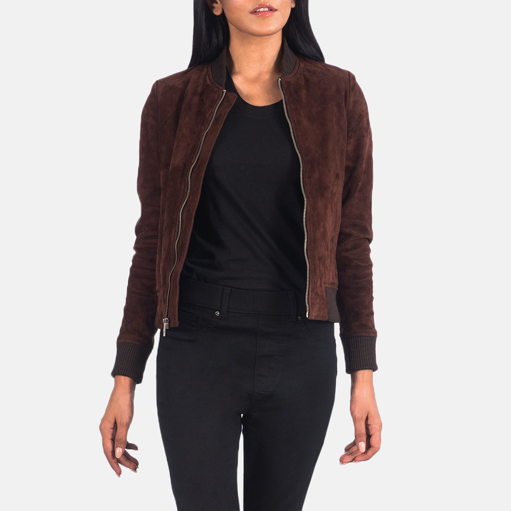 Women's Bliss 브라운 Suede 가죽 봄버 자켓 여성용 in Brown Goatskin Suede - Front Profile View &amp; Tailored Silhouette | Buy Online