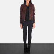 Women's Bliss 브라운 Suede 가죽 봄버 자켓 여성용 - Lateral Side Profile View Showing Sleeve Cut &amp; Athletic Taper Fit