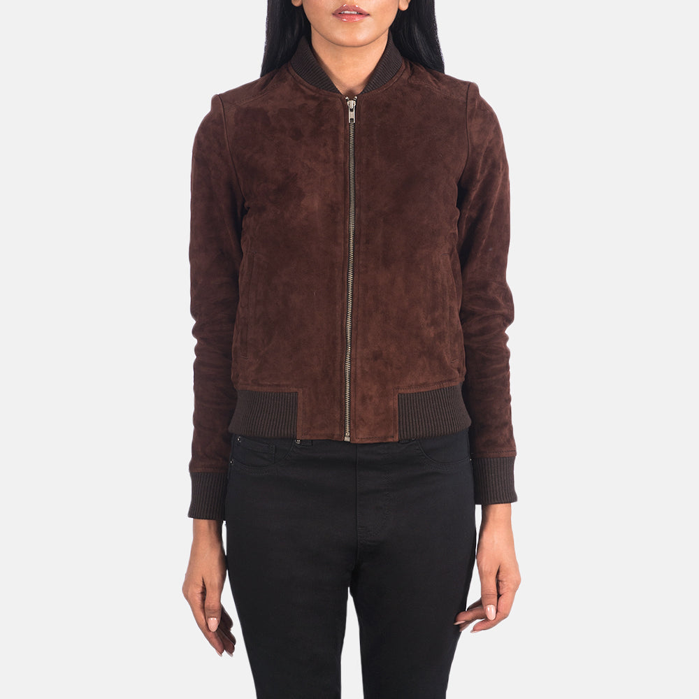 Close-Up Detail of Varsity - Rib Knit &amp; Zipper with Wind Flap Hardware on Women's Bliss 브라운 Suede 가죽 봄버 자켓 여성용