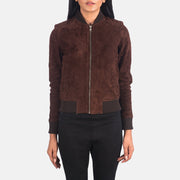Close-Up Detail of Varsity - Rib Knit &amp; Zipper with Wind Flap Hardware on Women's Bliss 브라운 Suede 가죽 봄버 자켓 여성용