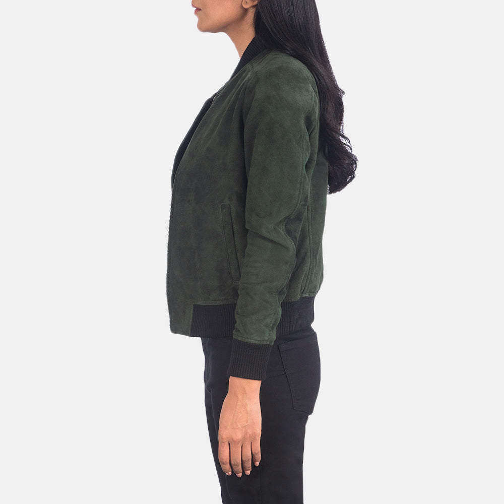 
Green Goatskin Suede Bomber Jacket - 어깨 라인과 깔끔한 밑단이 돋보이는 뒷면 뷰