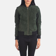 
클로즈업 상세 of Varsity - Rib Knit & Zipper with Wind Flap Hardware on Bliss 그린 Suede 가죽 항공 점퍼 봄버 여성용