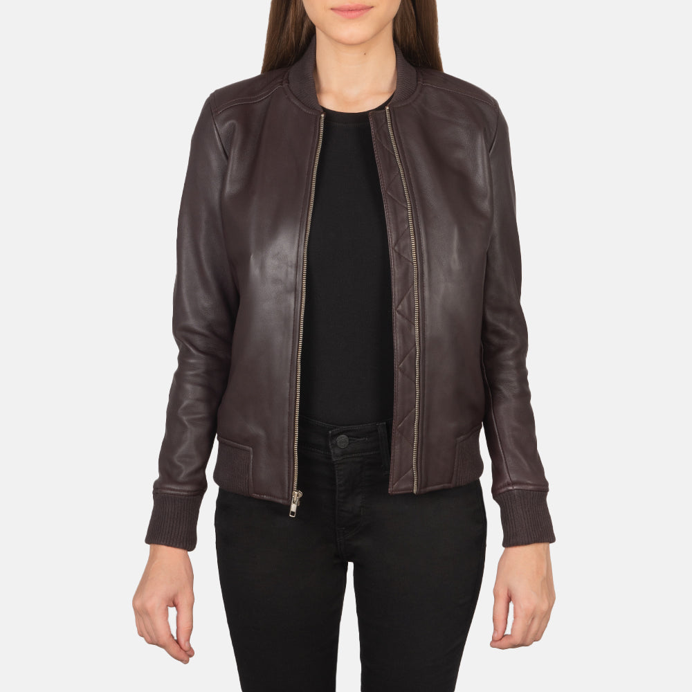 Women's Bliss Maroon 가죽 봄버 자켓 여성용 in Maroon Sheepskin Leather - Front Profile View &amp; Tailored Silhouette | Buy Online