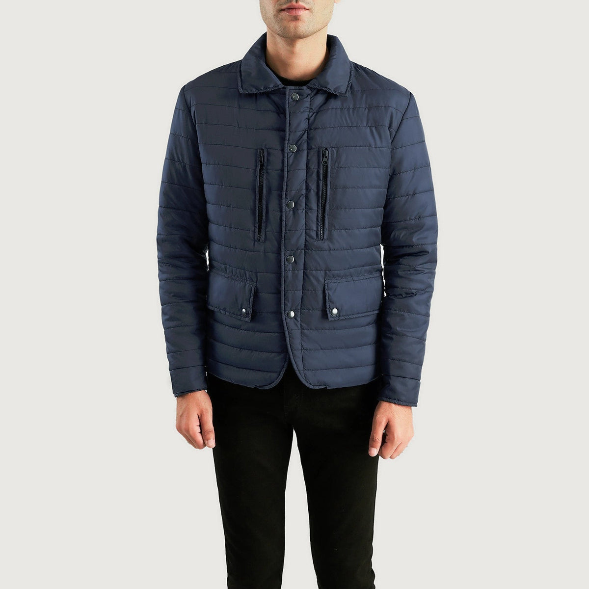 Men's Bo Quilt Windbreaker 가죽 자켓 남성용 - Lateral Side Profile View Showing Sleeve Cut &amp; Athletic Taper Fit