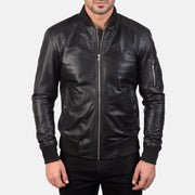 
클로즈업 상세 of Rib Knit & Zipper Hardware on Bomia Ma-1 Black Leather Bomber Jacket