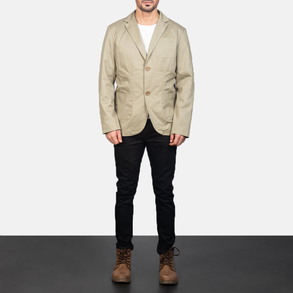 Borges Beige 가죽 테일러드 블레이저 남성용 - Lateral Side Profile View Showing Sleeve Cut &amp; Athletic Taper Fit