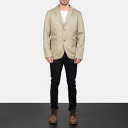 Borges Beige 가죽 테일러드 블레이저 남성용 - Lateral Side Profile View Showing Sleeve Cut &amp; Athletic Taper Fit