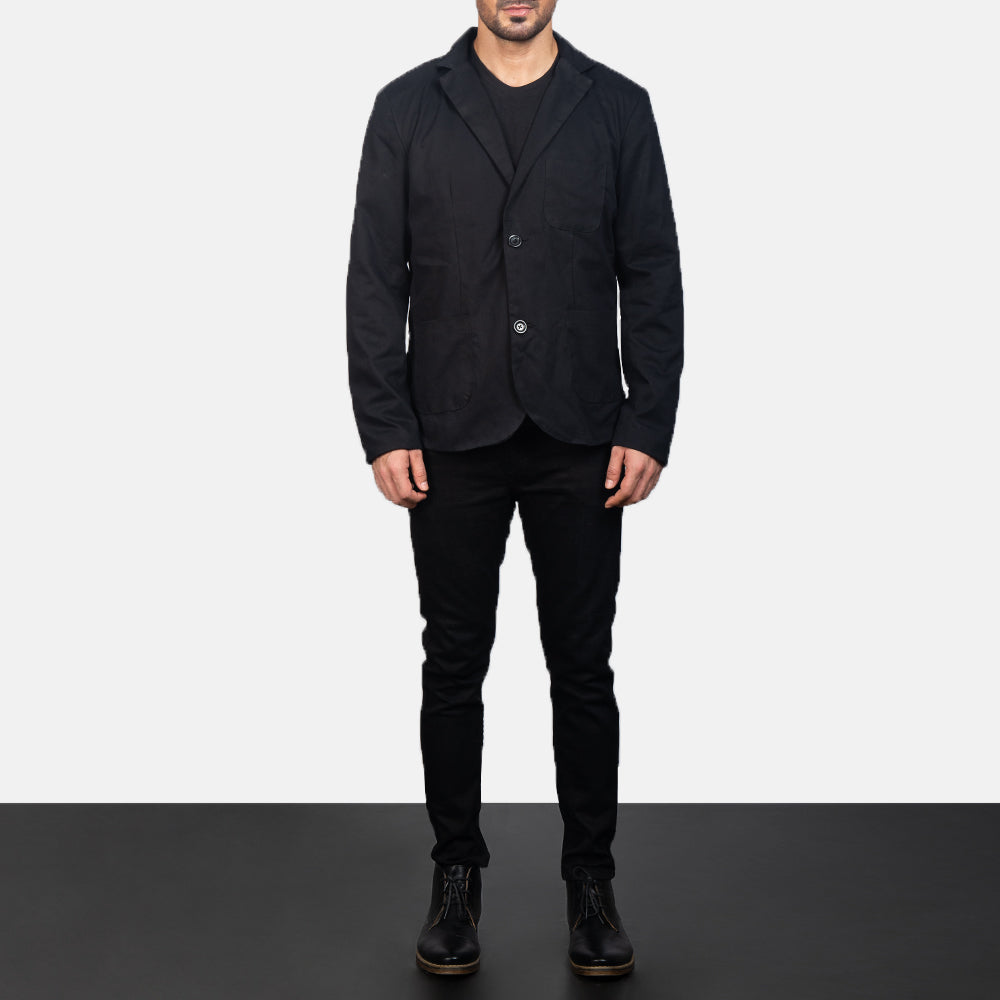 Borges 블랙 가죽 테일러드 블레이저 남성용 - Lateral Side Profile View Showing Sleeve Cut &amp; Athletic Taper Fit