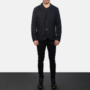 Borges 블랙 가죽 테일러드 블레이저 남성용 - Lateral Side Profile View Showing Sleeve Cut &amp; Athletic Taper Fit