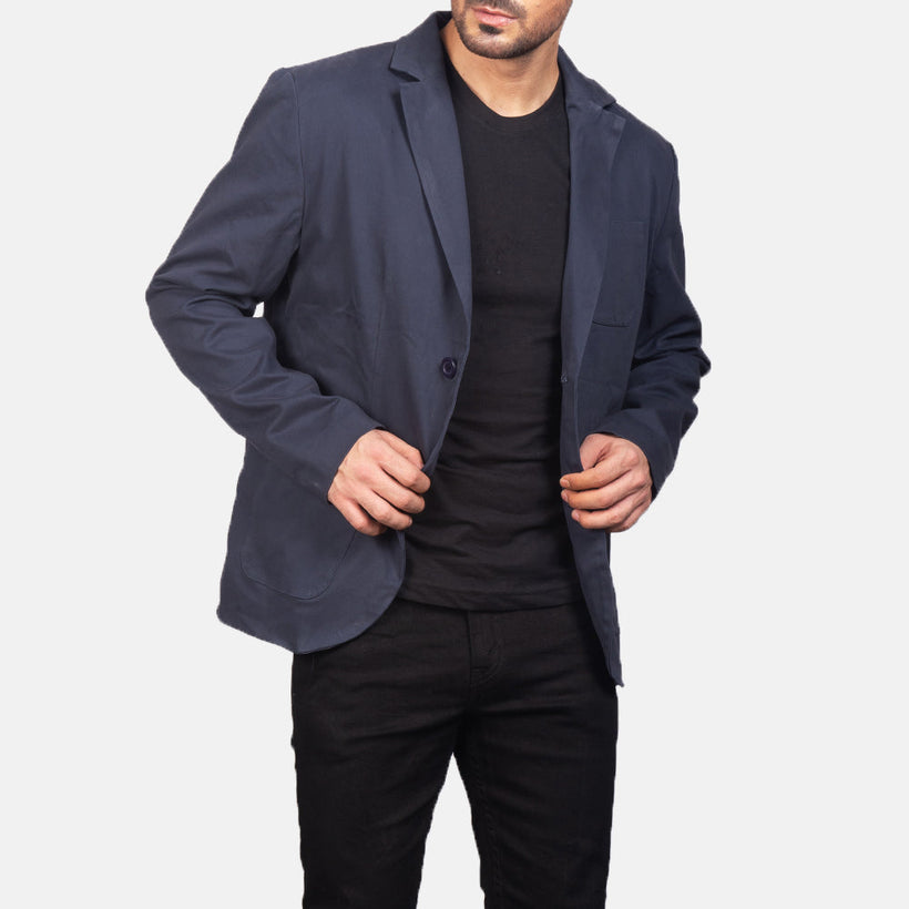 Borges Navy Blue 가죽 테일러드 블레이저 남성용