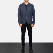 Borges Navy Blue 가죽 테일러드 블레이저 남성용 - Lateral Side Profile View Showing Sleeve Cut &amp; Athletic Taper Fit