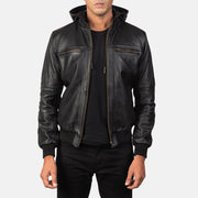 
Bouncer Biz Black Leather Hooded Bomber Jacket in Black Cowhide Leather - 정면 스타일 및 테일러드 실루엣 | 공식 온라인 스토어 구매