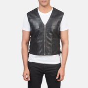 
클로즈업 상세 of Classic Collar & Zipper Hardware on Brandon 블랙 가죽 조끼 남성용
