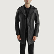 Brawnton 블랙 가죽 롱 코트 남성용 in Black Cowhide Leather - Front Profile View &amp; Tailored Silhouette | Buy Online