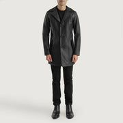 Brawnton 블랙 가죽 롱 코트 남성용 - Lateral Side Profile View Showing Sleeve Cut &amp; Athletic Taper Fit