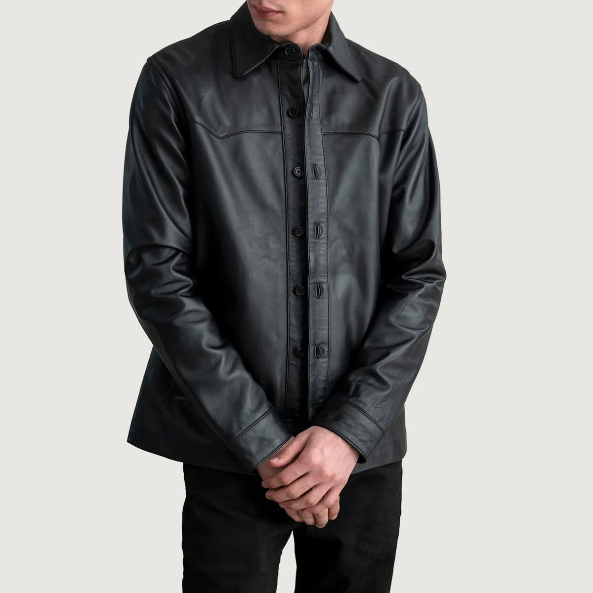 Bronco 블랙 Leather Shirt 남성용 in Black Sheepskin Leather - Front Profile View &amp; Tailored Silhouette | Buy Online