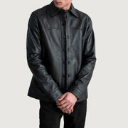 Bronco 블랙 Leather Shirt 남성용 in Black Sheepskin Leather - Front Profile View &amp; Tailored Silhouette | Buy Online