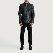 Close-Up Detail of Shirt &amp; Buttons Hardware on Bronco 블랙 Leather Shirt 남성용