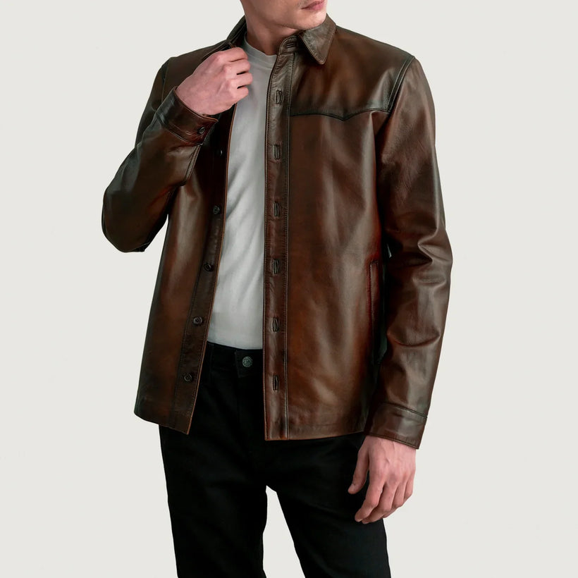 Bronco Distressed 브라운 Leather Shirt 남성용