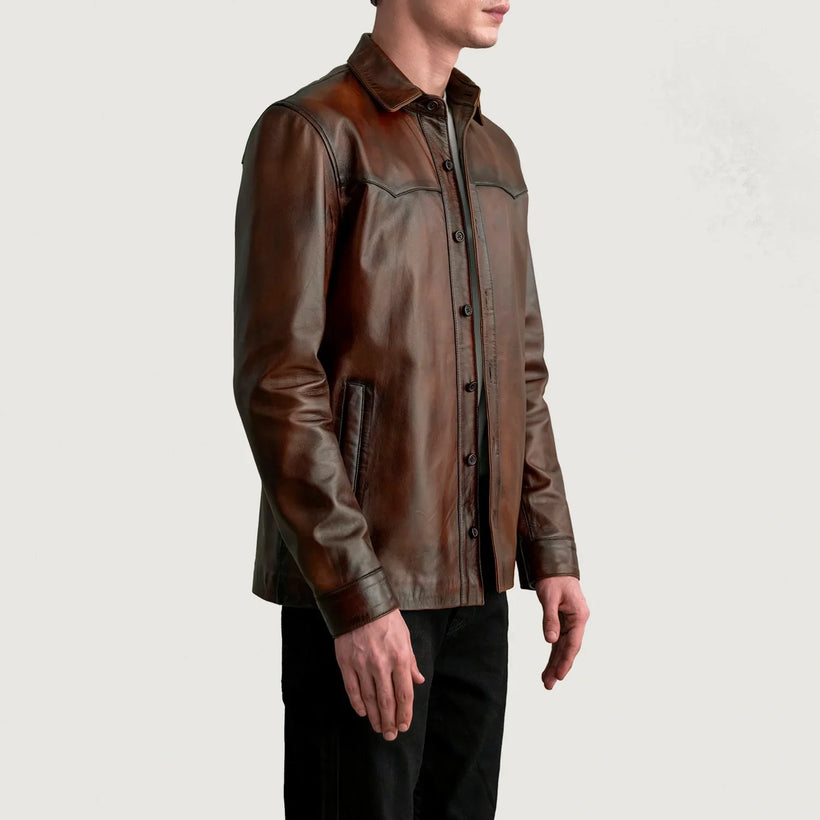 Bronco Distressed 브라운 Leather Shirt 남성용