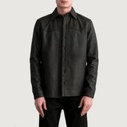 Bronco Tumbled 브라운 Leather Shirt 남성용 in Tumbled Brown Sheepskin Leather - Front Profile View &amp; Tailored Silhouette | Buy Online