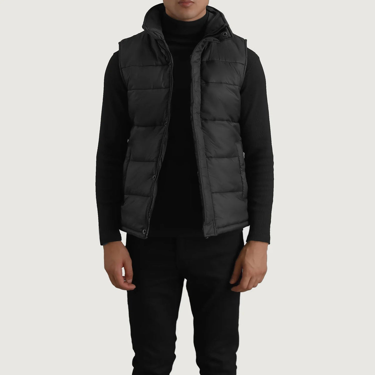 Bryan 블랙 Puffer Vest 남성용 in Black Full-Grain Leather - Front Profile View &amp; Tailored Silhouette | Buy Online