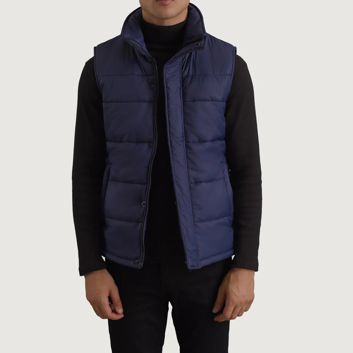 Bryan Blue Puffer Vest 남성용 in Blue Full-Grain Leather - Front Profile View &amp; Tailored Silhouette | Buy Online