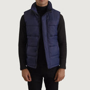 Bryan Blue Puffer Vest 남성용 in Blue Full-Grain Leather - Front Profile View &amp; Tailored Silhouette | Buy Online