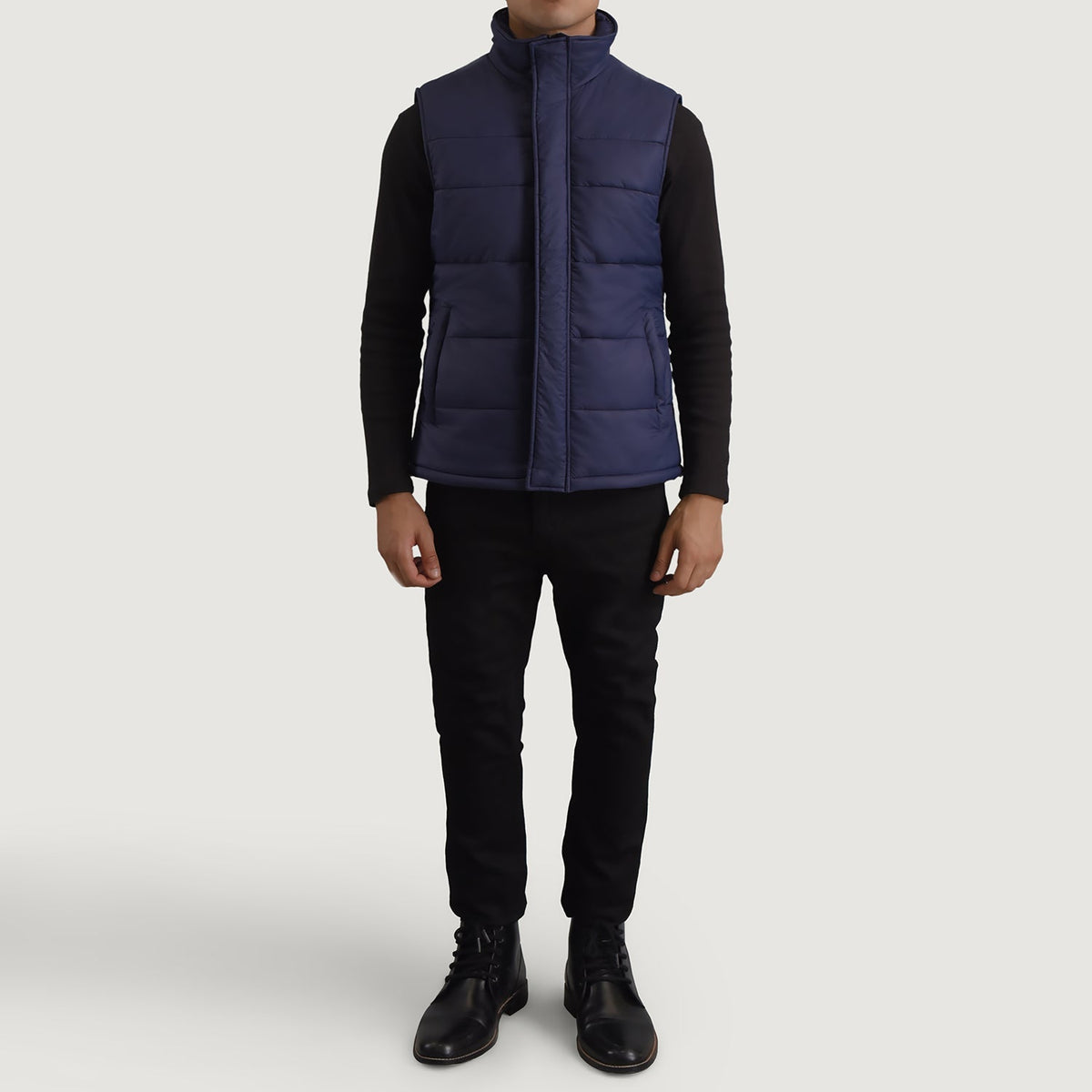 Bryan Blue Puffer Vest 남성용 - Lateral Side Profile View Showing Sleeve Cut &amp; Athletic Taper Fit