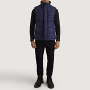 Bryan Blue Puffer Vest 남성용 - Lateral Side Profile View Showing Sleeve Cut &amp; Athletic Taper Fit