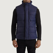 Close-Up Detail of Classic Collar &amp; Zipper With Placket Hardware on Bryan Blue Puffer Vest 남성용