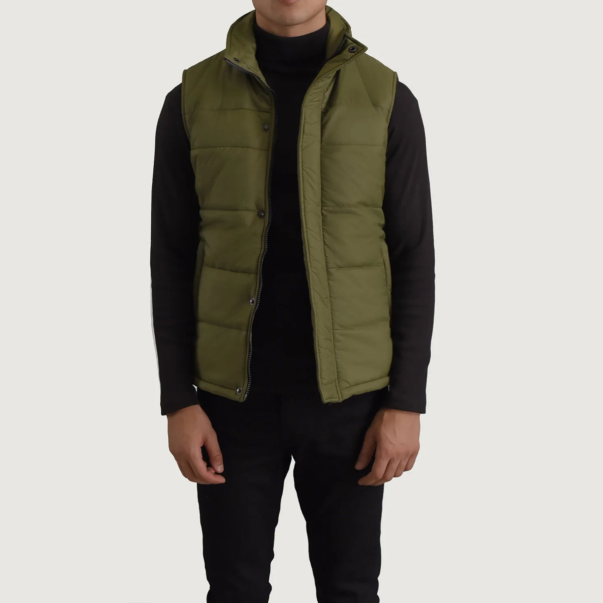 Bryan Green Puffer Vest 남성용 in Green Full-Grain Leather - Front Profile View &amp; Tailored Silhouette | Buy Online